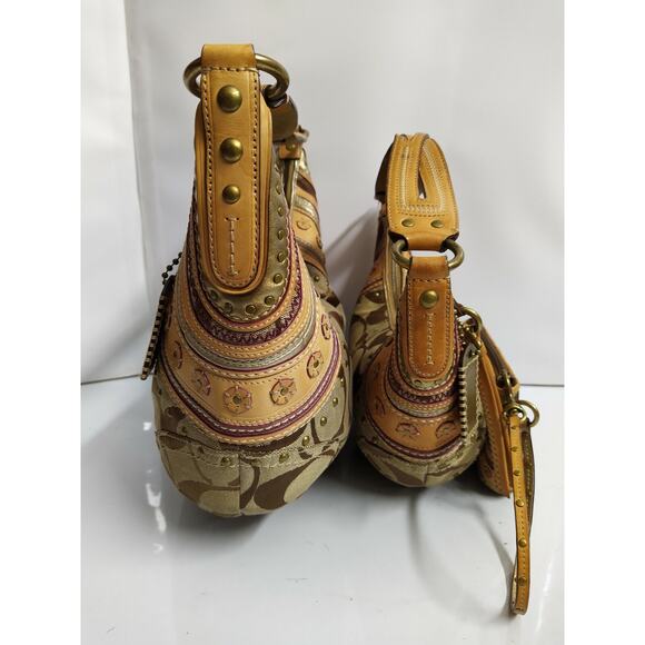 Coach Set of 3 Bags - Soho Brown Signature Canvas Stitched Grommet Studded Hobo - Picture 6 of 12